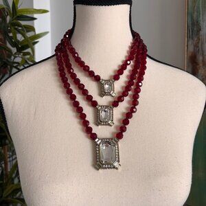 HEIDI DAUS GORGEOUS 3 STRAND RICH RED AND WHITE CRYSTAL NECKLACE, NEW